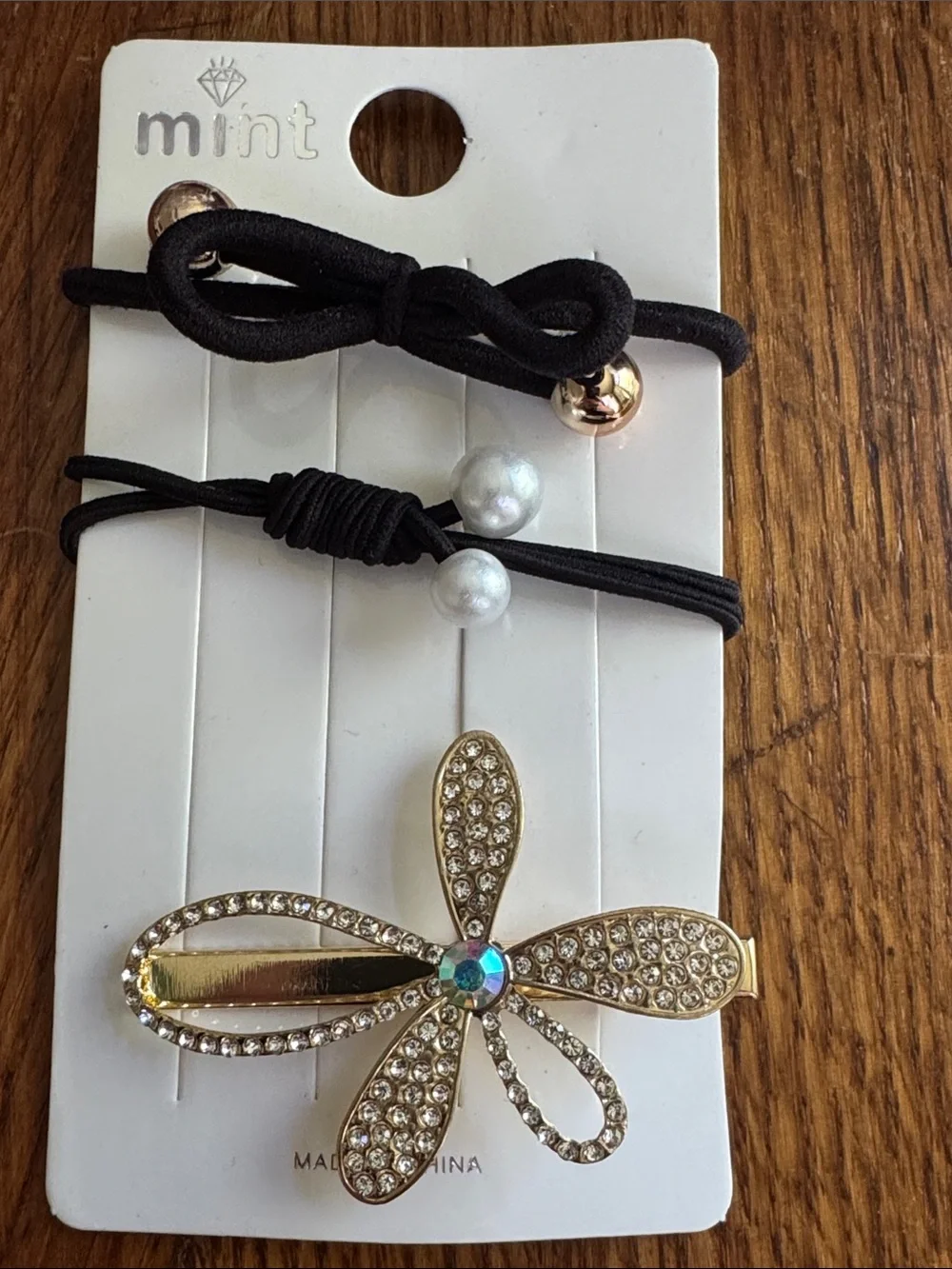 mint Black Elastic Hair Tie Set with Gold Rhinestone Flower Clip